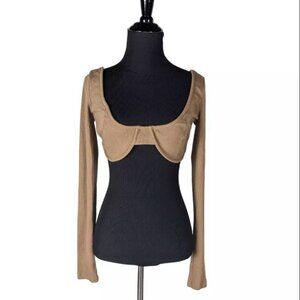 Undaunted Sz S Women's Brown Long Sleeve Low Cut Bustier Top Cropped Rib Top